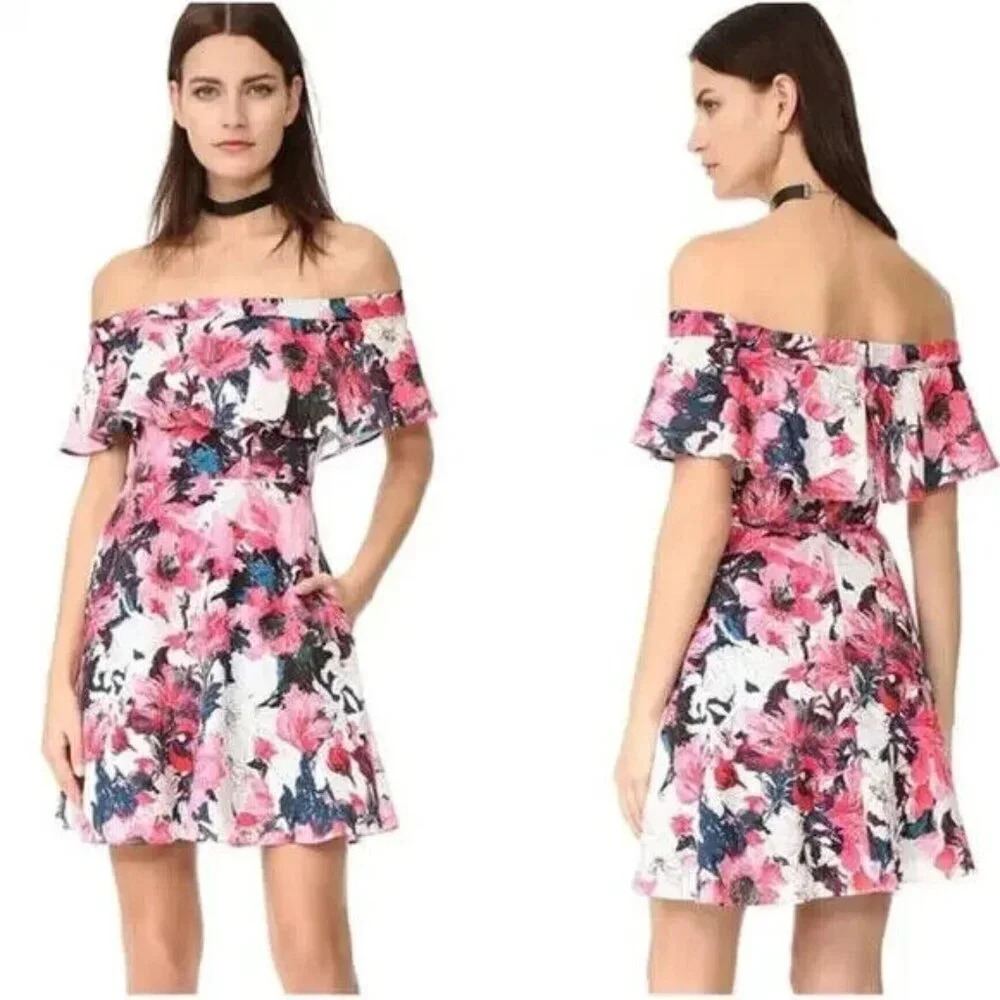 Black Halo Penelope Mini Dress Size 2 Floral Off Shoulder Pockets Wedding Guest